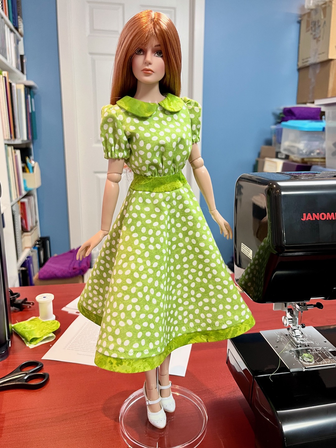 Rowan in her new apple-green dress for spring